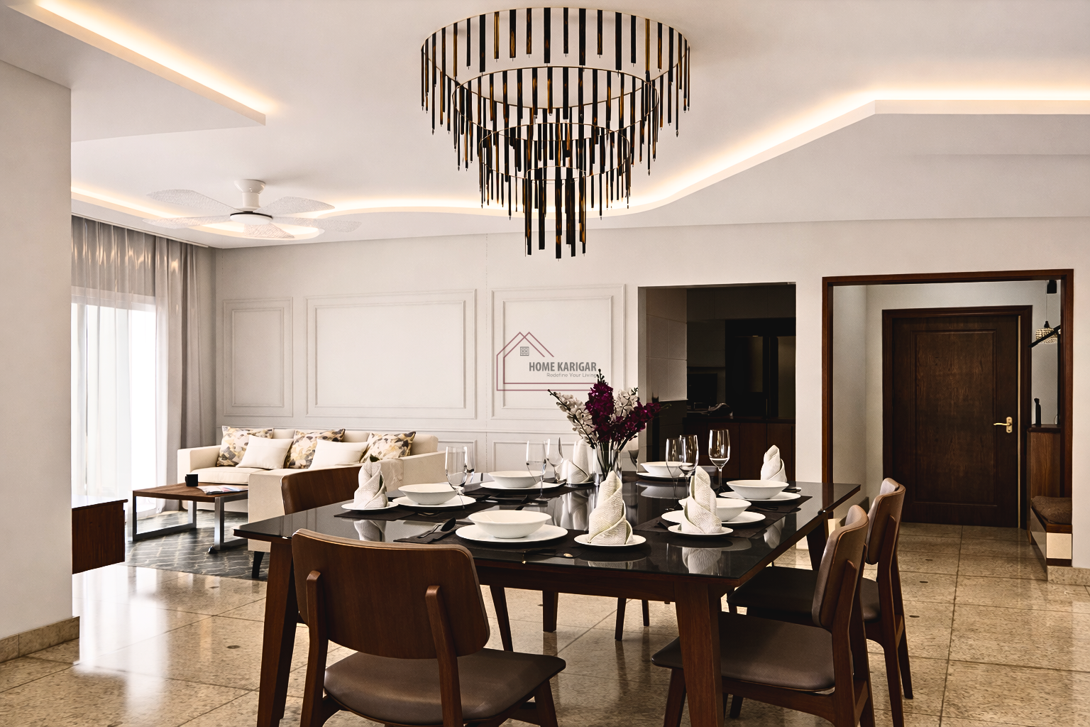 Dining room with chandelier – Home Karigar, Avlon Park