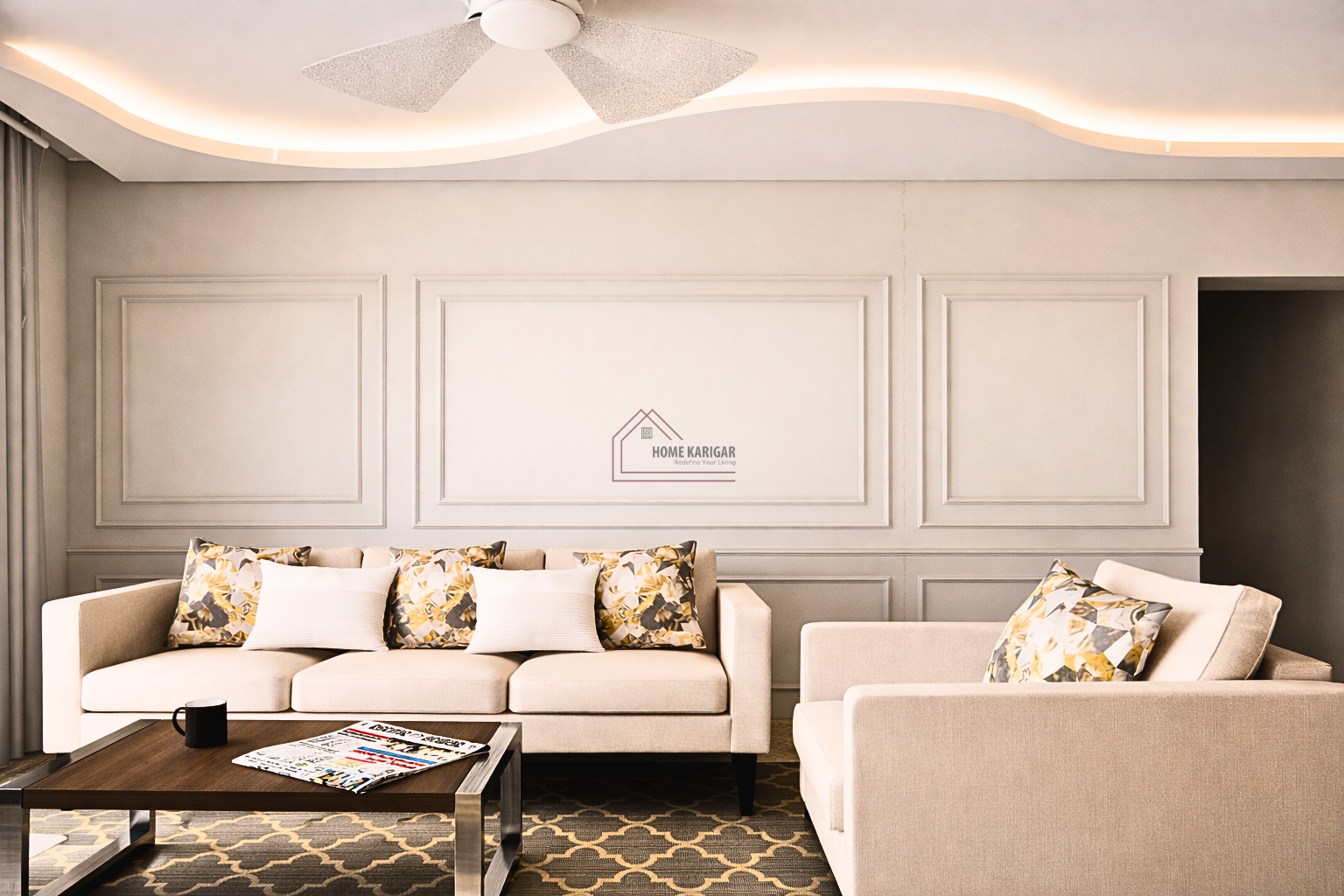 Living room with panel wall – Home Karigar, Avlon Park